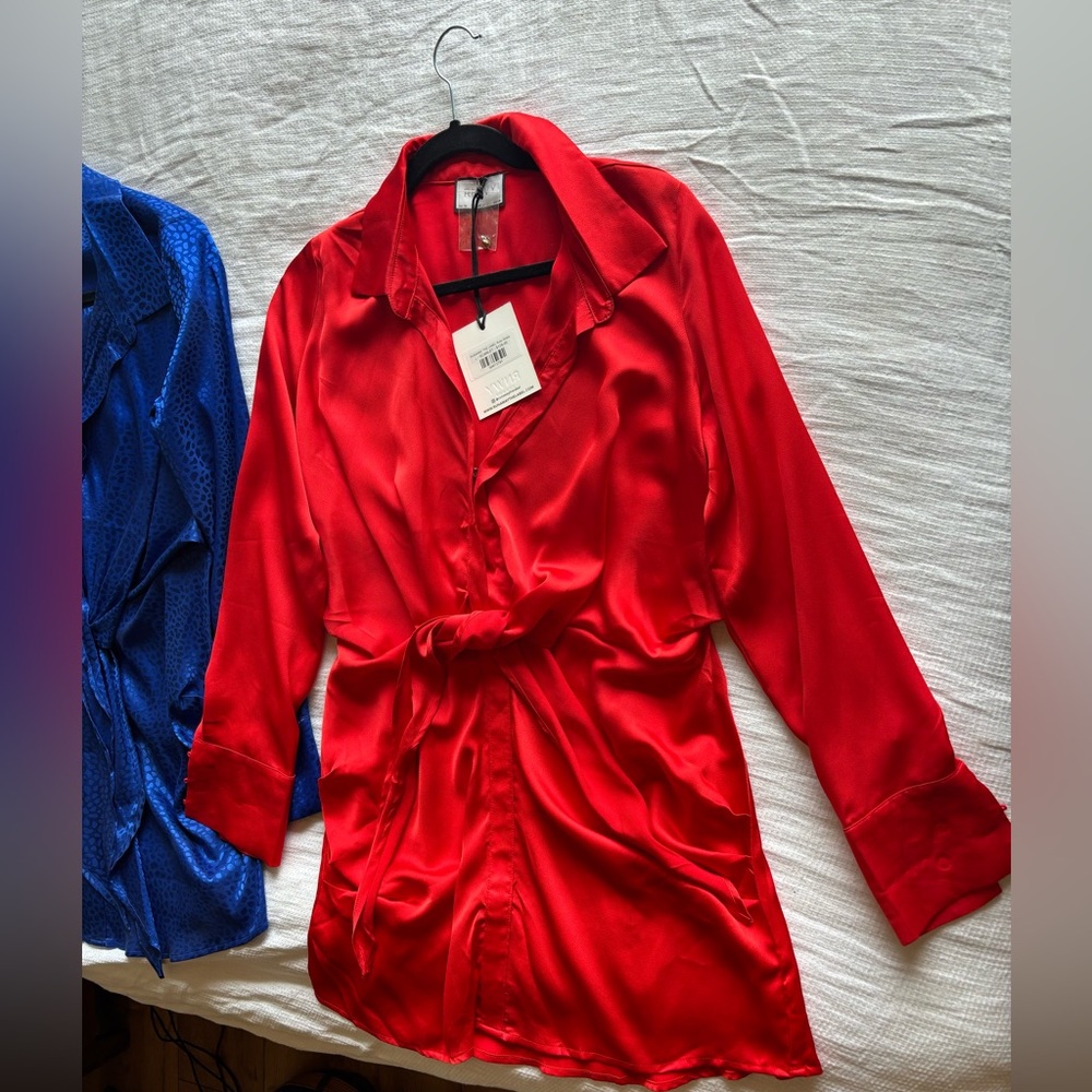 Runaway The Label Red Satin Tie-Waist Shirt Dress
